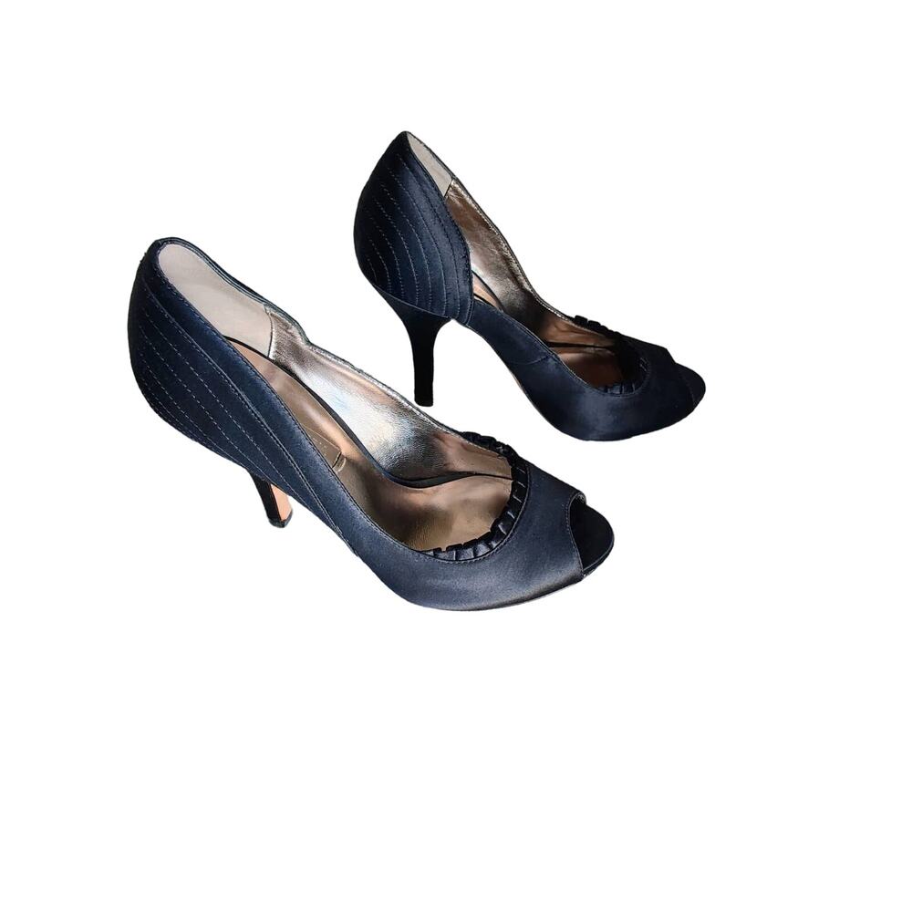 BCBG Max Azaria Black Satin Open Toe Heels